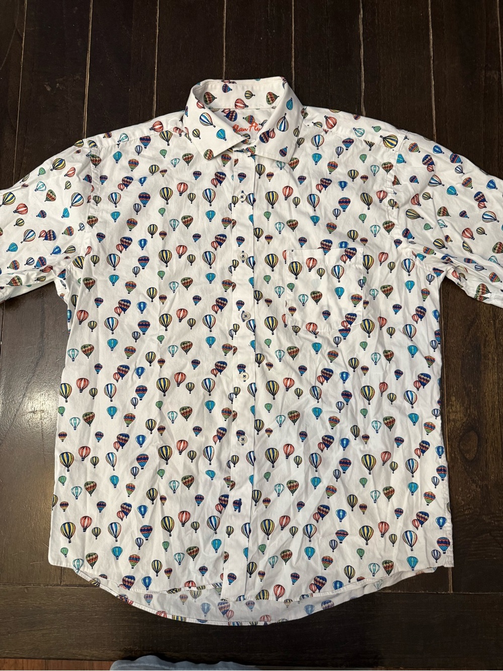 Alan Flusser White Button-Down with Multicolor Hot Air Balloon Print L